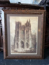 Framed Hand-Colored Etching – “Amiens Cathedral” (Vintage, France)