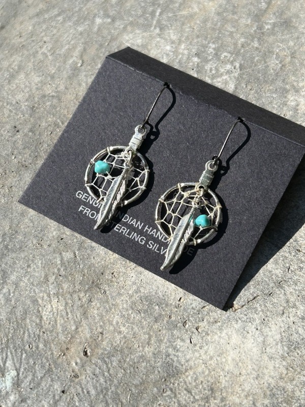 Vintage Native American Sterling Silver Dreamcatcher Feather Earrings
