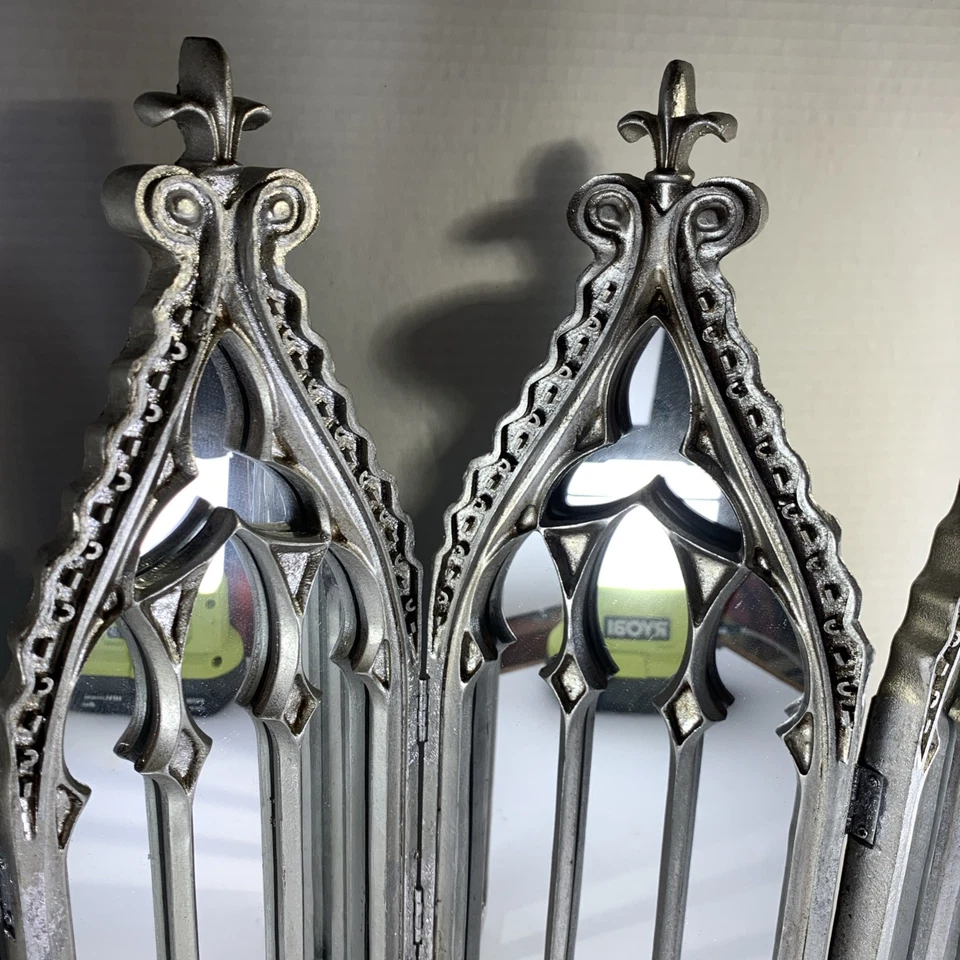 Silver Gothic Cathedral Style Folding Display Mirror Christmas 4 Sections 17” Ht - Image 3 of 4