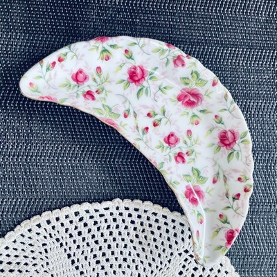 7'' Rose Chintz Shell Half Moon Crescent Gold Dish Plate Antique Lefton Cottage