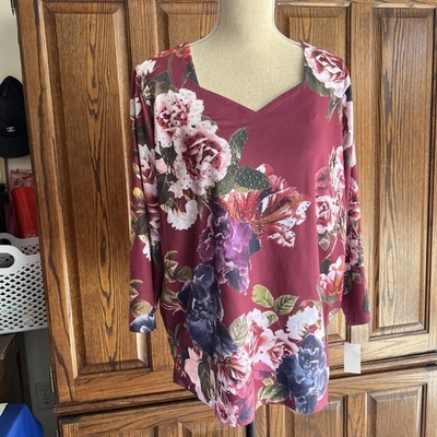Laura Scott Women s Floral Blouse Plus Size 2X Sleeve 3/4 Multi Color