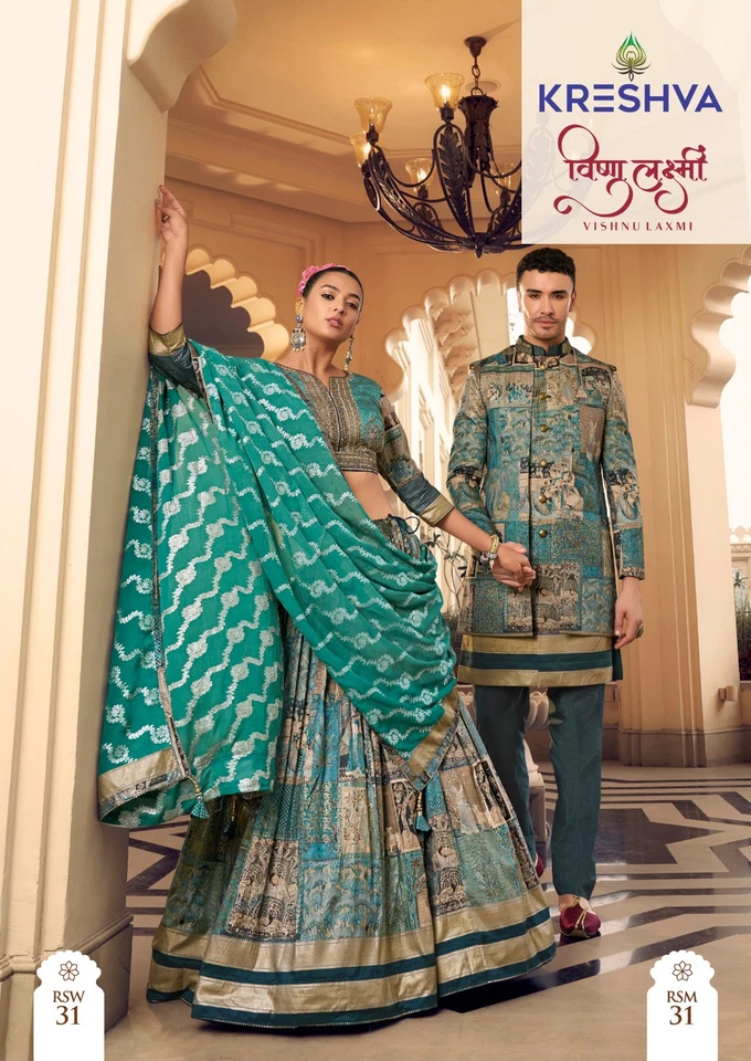 Ropa de boda india seda trabajo manual Lehenga Kurta conjunto de pareja colección 14728 Foto 3 de 4