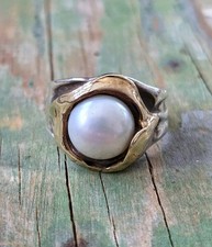 Israel Artisan Sterling Silver 925 14K Yellow Gold White Freshwater Pearl Ring