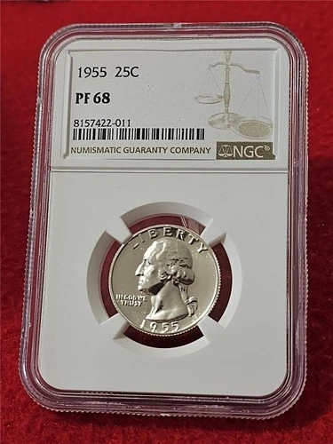 1955 PROOF WASHINGTON SILVER QUARTER   NGC PF 68    NO SPOTS     #T0558