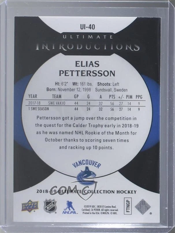 2018 Ultimate Collection Introductions Onyx Black /25 Elias Pettersson Rookie RC - Image 2 of 2