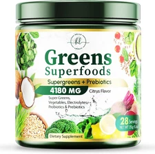 Greens Superfood Powder, Organic Spirulina & Chlorella Greens with Prebiotics & 