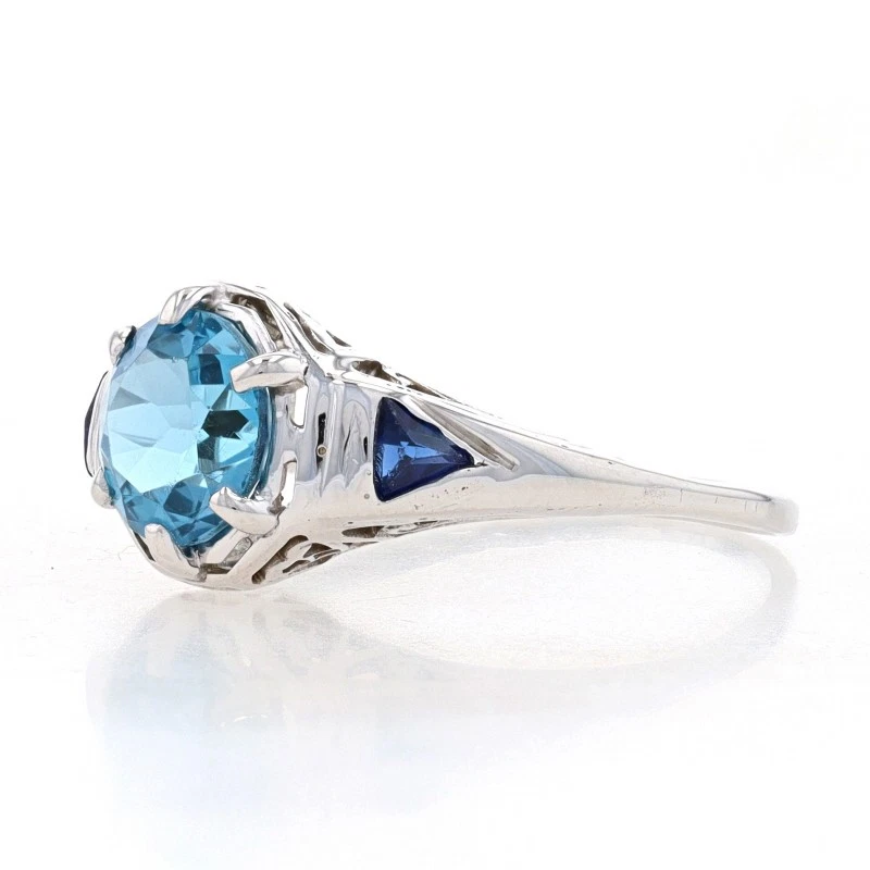 Anillo Art Deco Oro Blanco Topacio Azul y Zafiro Creado en Laboratorio - 14k 1.55ct De Colección Foto 3 de 4