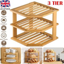 Bamboo 3 Tier Corner Kitchen Cupboard Shelf Plate Dish Stand Storage Shelf Rack