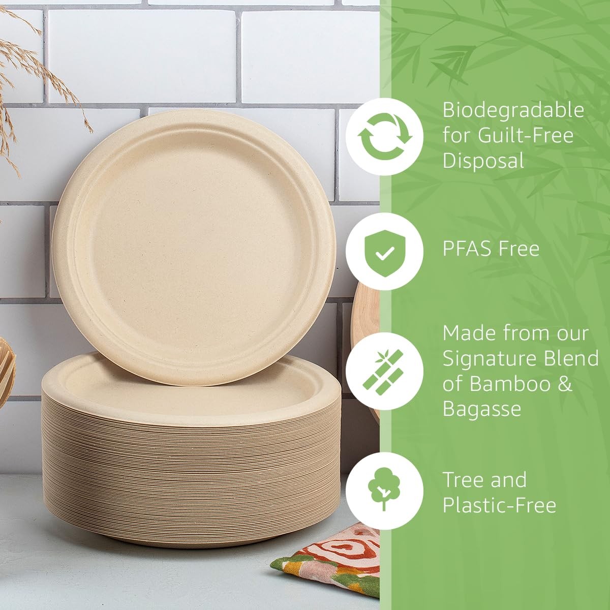 ibambo Bamboo Paper Plates Compostable 125-Pack, 9-inch | Sturdy  Microwave S...