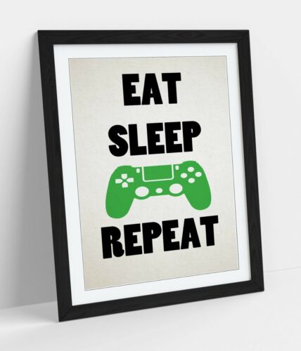 "EAT SLEEP GAME REPEAT" FUNNY GAMER QUOTE KIDS -FRAMED WALL ART PICTURE PRINT - Afbeelding 1 van 10