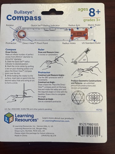 Learning Resources SAFE-T Bullseye-Kompass, Lineal, Winkelmesser, frühe Geometrie - Bild 5 von 5