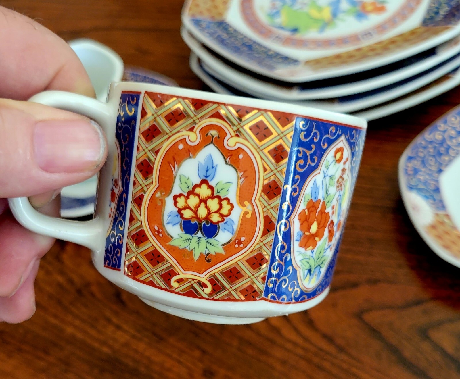 Japanese Imari Hexagonal Tea Cup And Saucer Trio Set Dolphin China Enchantment!