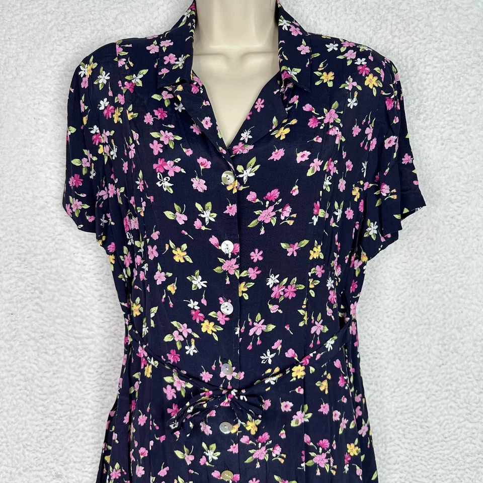 De Colección Años 90 DressBarn Camisa Vestido Midi Para Mujer 14P Negro Floral Botón Delantero Abuela Foto 2 de 4