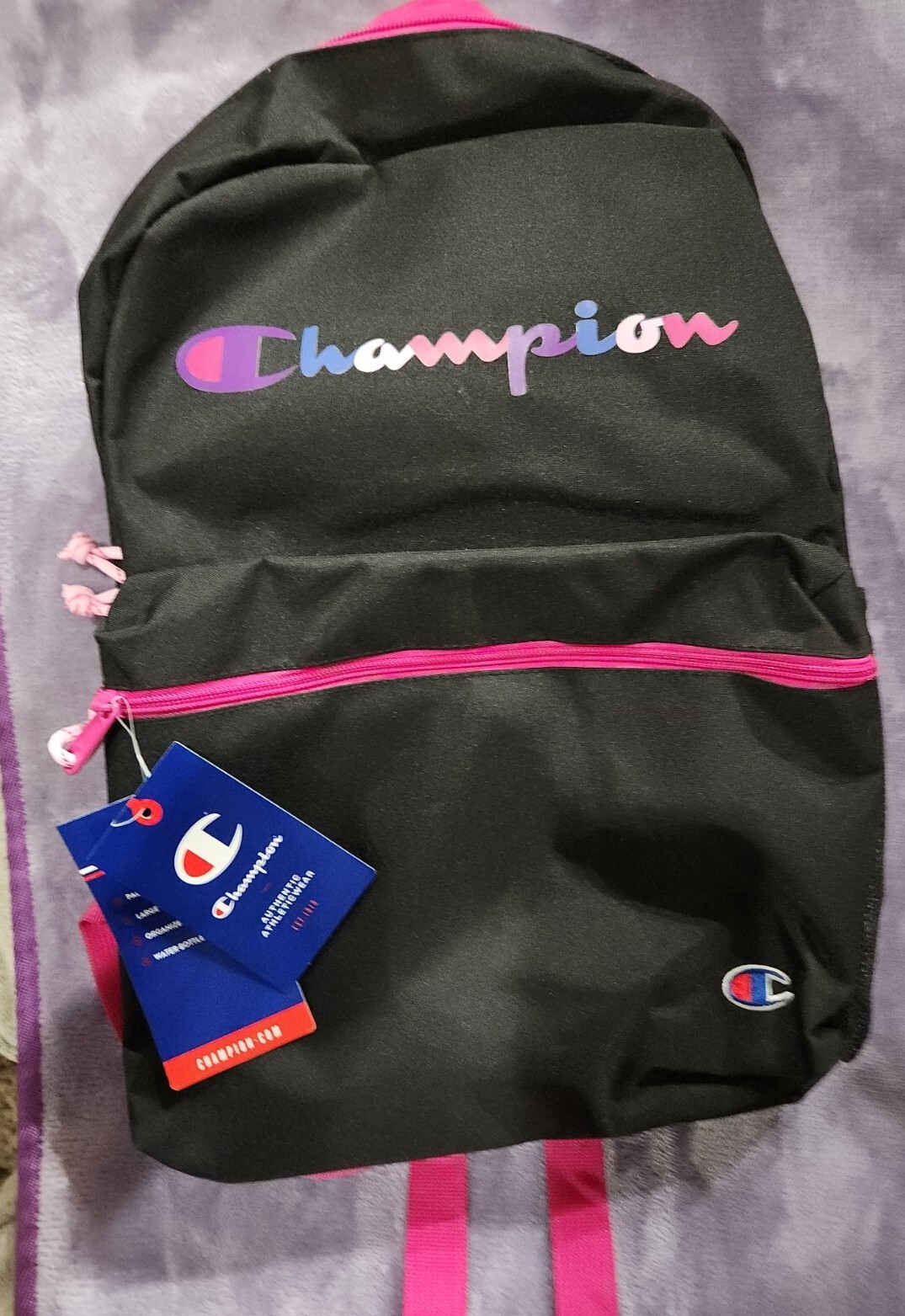 New! Champion Backpack Black Pink Purple Padded Straps 11.5 In  X 16.5 In X 5