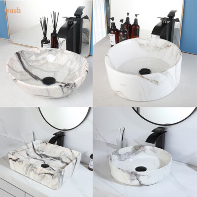 White Marble Bathroom Vessel Sink Ceramic Basin Bowl With Black Faucet And Drain