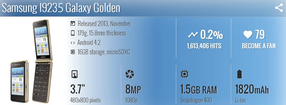 Unlocked Original Samsung Galaxy Golden I9235 3G 2-Screen Wifi Flip Smartphone - Image 3 of 4