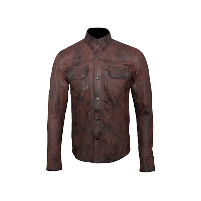 Men's Genuine Lambskin Leather Shirt Maroon Distressed Button Down Vintage Shirt
