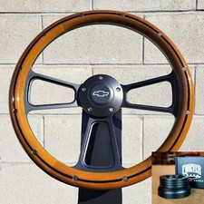 14 Inch Black Billet Steering Wheel Wood Wrap Chevy Bowtie Adapter Gm Flaming 14 Inch Black Billet Steering Wheel Wood Wrap Chevy Bowtie Adapter Gm Flaming