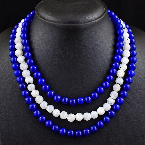 717 Cts Natural 3 Strand Onyx & Moonstone Round Shape Beads Necklace JK 46E381 - 第 2/3 張圖片