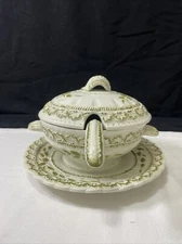 VINTAGE Italian Soup Tureen w/ Lid Ladle Platter Floral Green  Made in ITALY