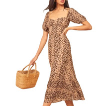 Reformation Hannah Midi Dress Sz 8UK 4US S Animal Print Puff Sleeve Tiered