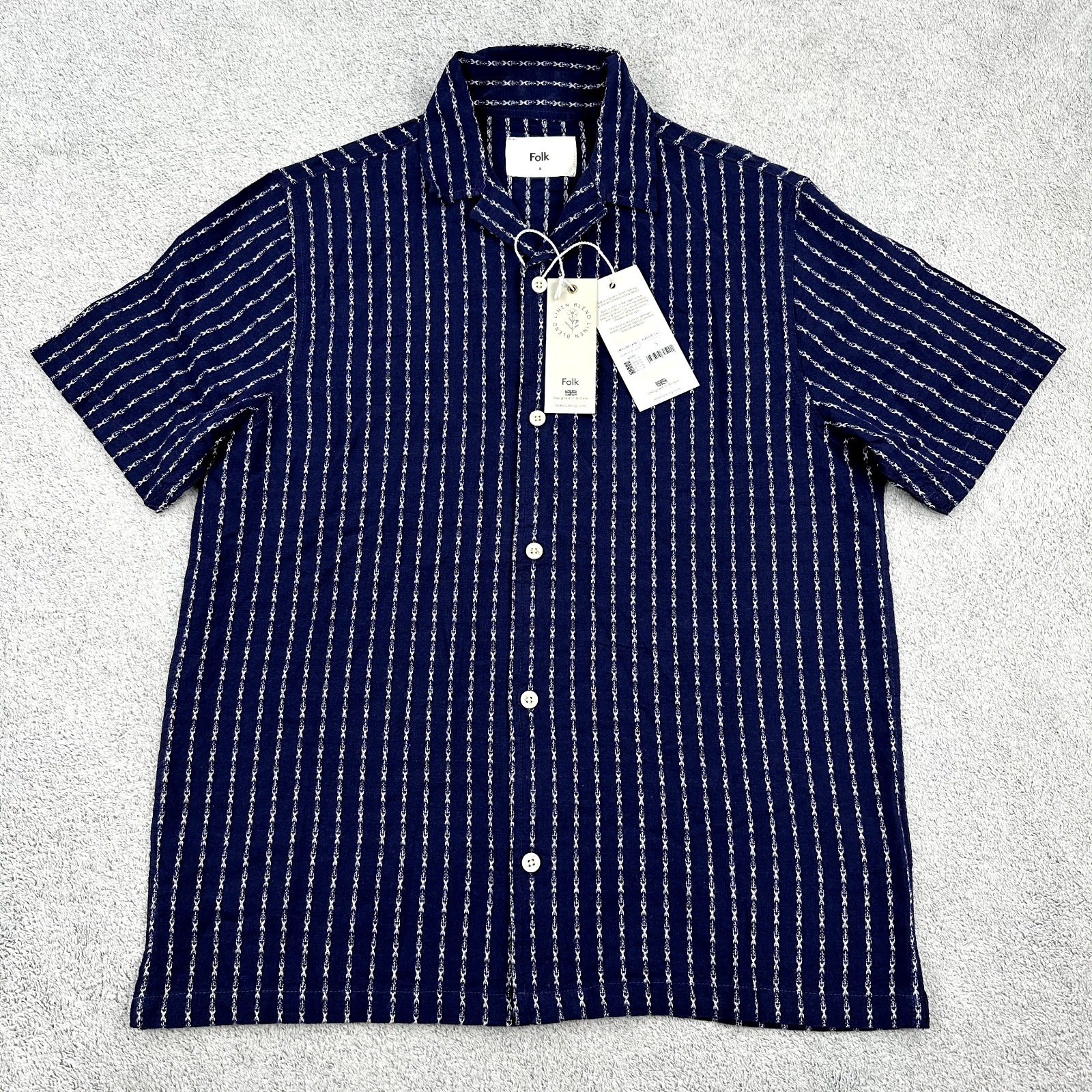 Folk Button Up Linen Blend Shirt Men's Small Short Sleeve Navy Stretch