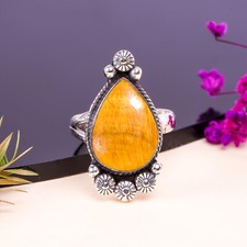Natural Tiger's Eye Gemstone 925 Sterling Silver Ring Handmade Jewelry Gift.