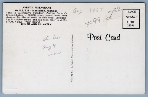 Mancelona Michigan Mi Postkarte Avery's Restaurant Außenbeschilderung um 1960 - Bild 2 von 2