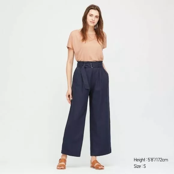 UNIQLO Belted Linen Rayon Wide Pants Navy Blue XS