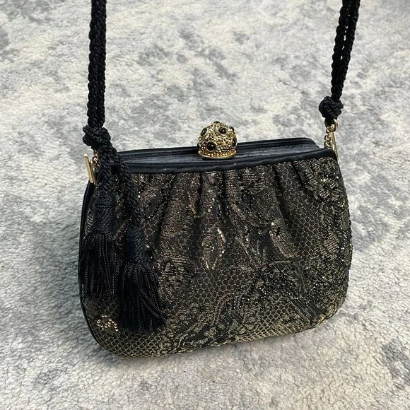 Judith Leiber Floral Lace Rhinestone Clutch Sparkle Evening Bag Black Gold - Image 4 of 4