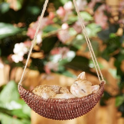 Cat Nap Swing Kitten Sleeping Tabby Tree Hanging Statue Outdoor Garden Figurine