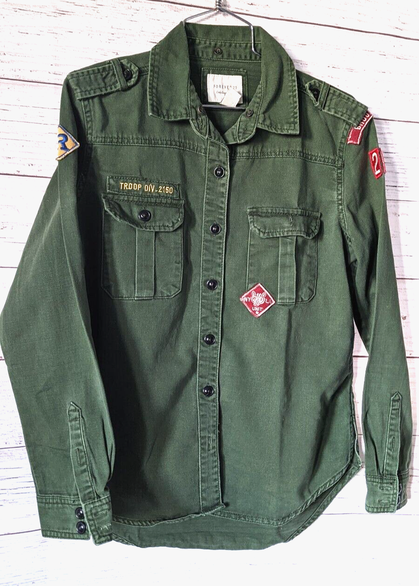 Forever 21 Women's Military Shirt Jacket Green Long Sleeves Button