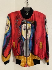 Vintage Picasso Style Art to Wear Bomber Jacket Novelty Pop Art Satin AOP EUC