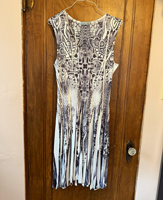 Unity World Wear Gray/White Geometric Pleated Sundress Round Neck Sleeveless L
