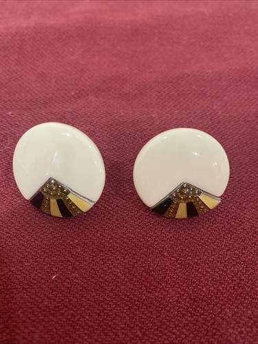 Vintage Large Round Art Deco Pierced Earrings With A Black & Gold Insert Design