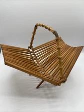 Vintage Mid Century Folding Bamboo Teak Wood Fruit Basket Bowl MCM