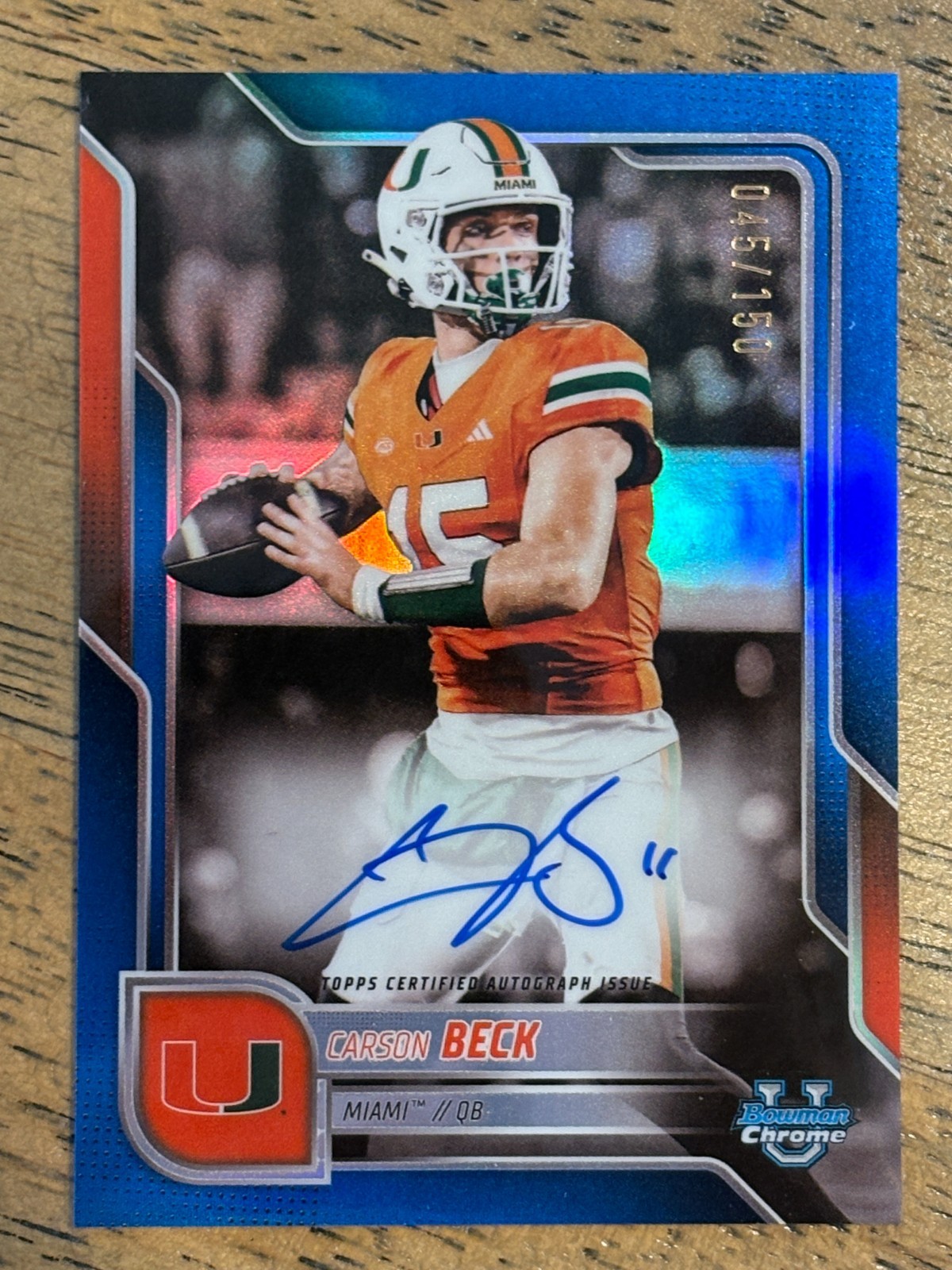 Carson Beck 2025 Bowman Chrome U BLUE REFRACTOR AUTO /150 #BCA-CBE Miami