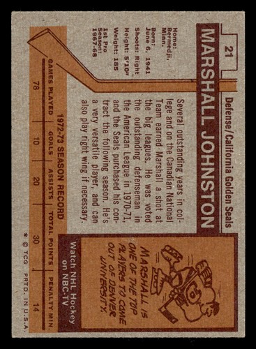 1973 Topps Marshall Johnston #21 VG California Golden Seals - Picture 2 of 2