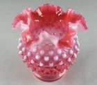 Vintage Opalescent Cranberry Red Fenton Hobnail Glass Crimped Bowl Vase