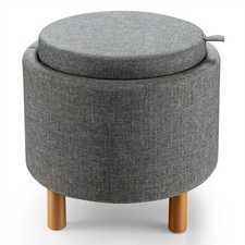 Round Storage Ottoman w/ Tray Accent Fabric Storing Footrest w/ Non-Slip Pads