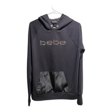 Bebe Sport Womens Large Black Studded Logo Hoodie Thumbholes Satin Pocket