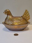 Vintage Iridescent Carnival Indiana Glass Hen On Nest Covered Dish w/ Lid, Oval