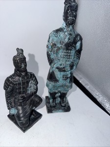 Vintage Asian Warrior Figurines Pair Bronze Finish Terracotta Army Style
