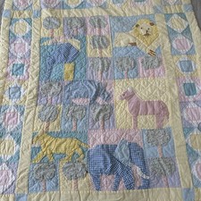 Baby Quilt Jungle Hand Stitched Safari Crib Animal Gingham Lion Elephant Blue