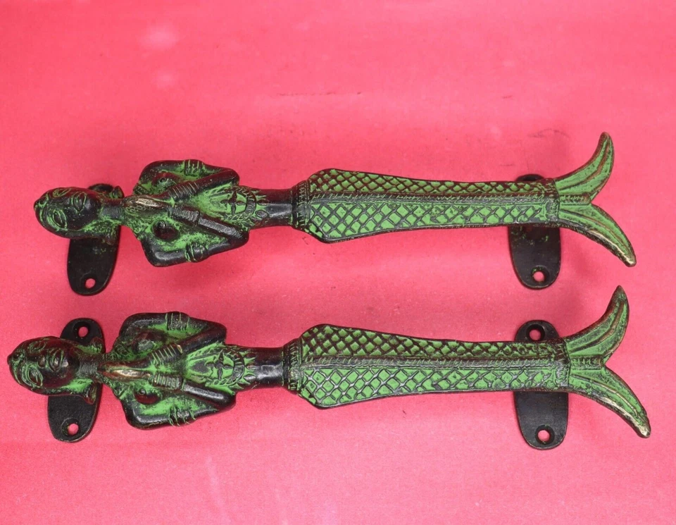 Antique Style Mermaid Shape Handcrafted Brass Wardrobe Window Door Pull Handles - Image 4 of 4