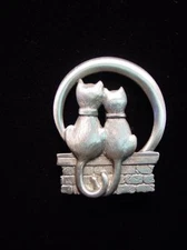"JJ" Jonette Jewelry Silver Pewter 'CATS on Fence ~ Silvery Moon' Pin