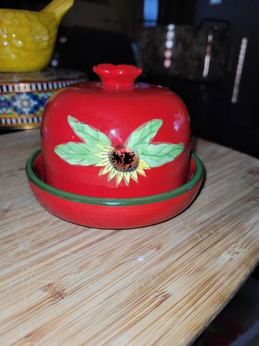FRENCH GARLIC ROASTER - BRICK RED WITH GREEN TRIM AND SUNFLOWER  - Picture 1 of 2