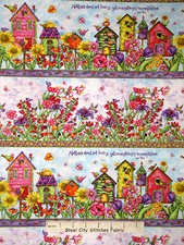 Birdhouse Fabric - Bird House Garden Flowers Border Stripe SPX 25480 - Yard