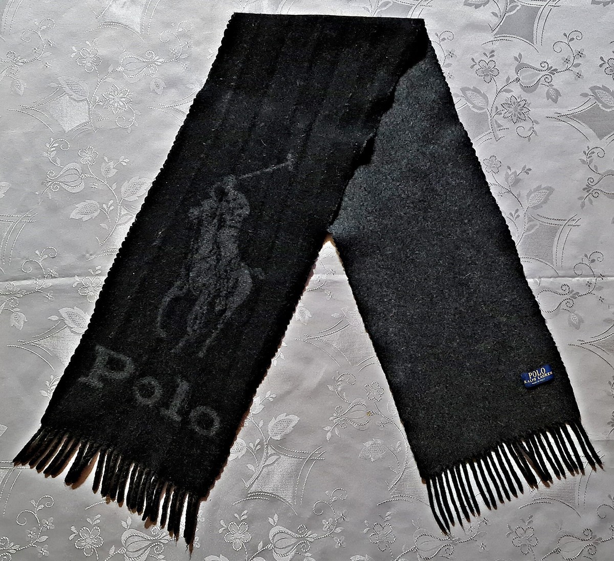 SCARF GENTS VINTAGE AUTHENTIC POLO RALPH LAUREN LOGO GRAY BLACK SOFT WOOL  MEN