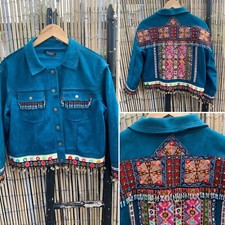 Teal Faux Suede Navajo Beaded Southwestern Hippie Festival Ibiza Jacket Size 10